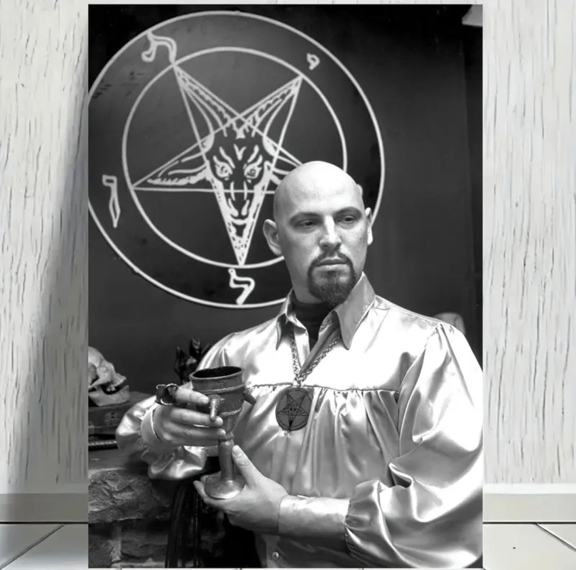 Anton LaVey Baphomet Canvas Wall Art – 12x18” Gothic Occult Decor (Frameless, Reflective Finish)